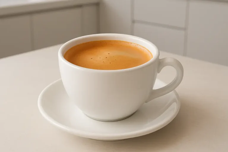 A sleek white coffee cup angled at 45 degrees showing coffee with smooth crema on top, placed centrally against a modern, clean kitchen background with soft, even lighting.