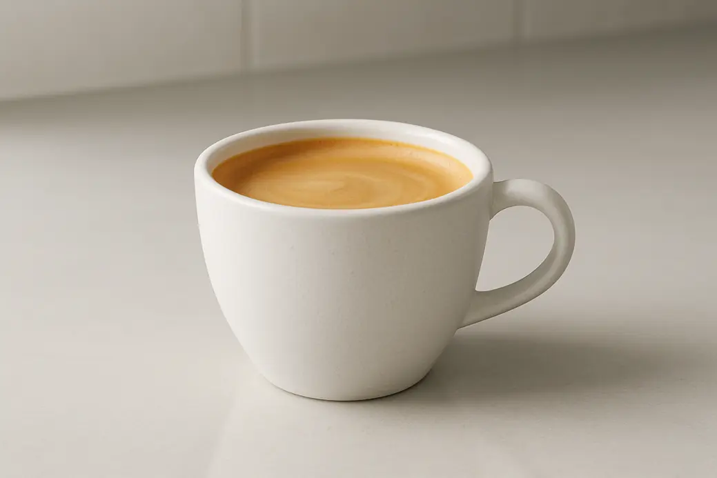 Close-up photo of a white coffee cup at a 45-degree angle showing the smooth creamy layer of coffee, placed centrally on a clean, neutral background in a modern kitchen setting.
