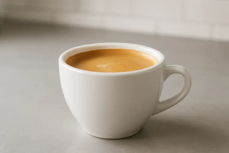 A clean, white coffee cup filled with coffee and topped with a smooth crema layer, photographed at a 45-degree angle against a blurred modern kitchen background under soft, even lighting.