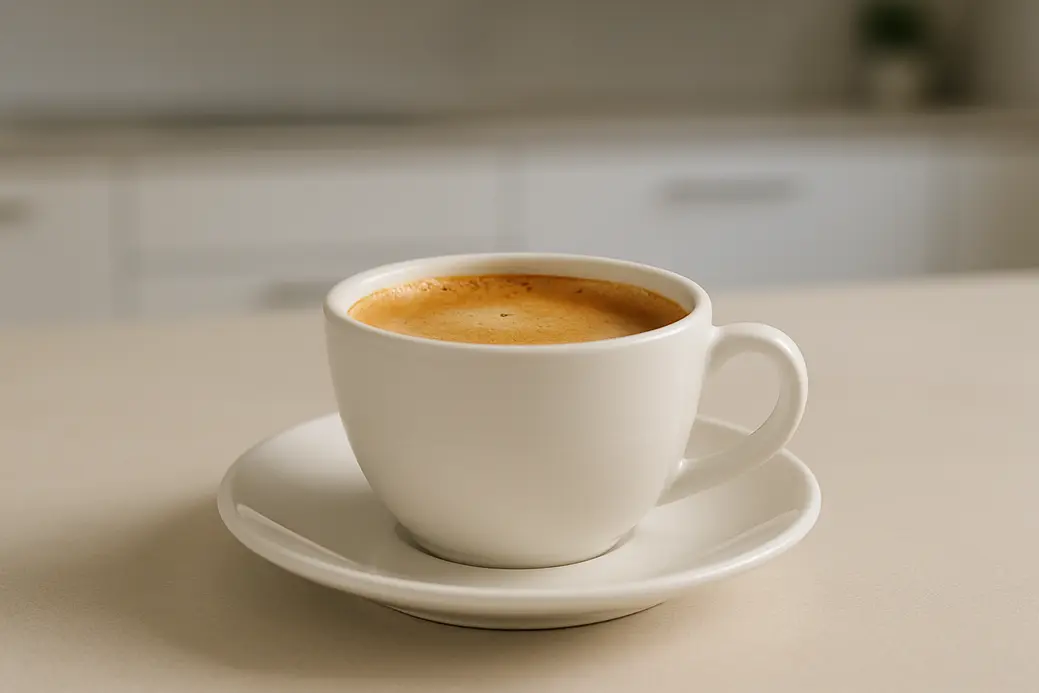 White coffee cup with visible crema layer, photographed from a 45-degree angle against a modern kitchen background with soft, even lighting