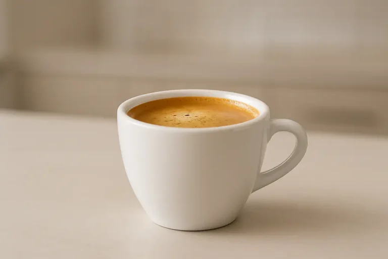 Close-up photo of a white coffee cup filled with coffee and a visible crema layer, photographed at a 45-degree angle against a clean modern kitchen background with soft even lighting.
