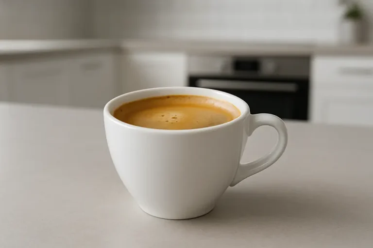 A single white coffee cup with coffee and a fresh crema layer, photographed at a 45-degree angle against a modern kitchen background with soft, even lighting.