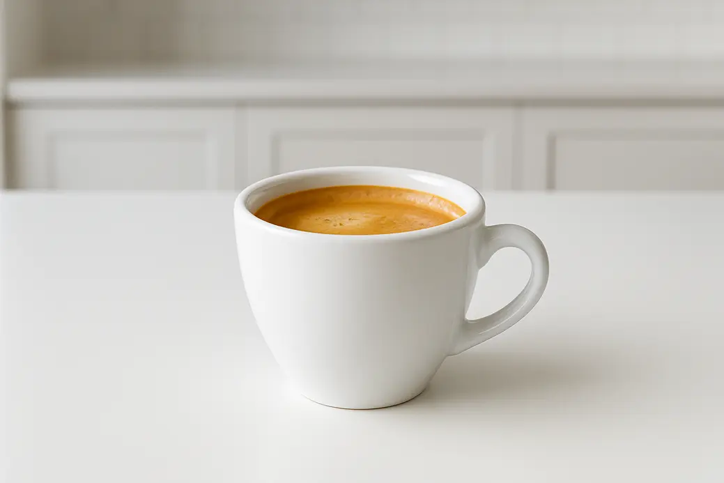 Close-up photo of a white coffee cup with creamy crema layers, shot at a 45-degree angle against a clean modern kitchen background under soft even lighting