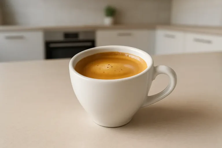 A white coffee cup photographed at a 45-degree angle showing the coffee inside with a smooth crema layer on a clean neutral modern kitchen surface
