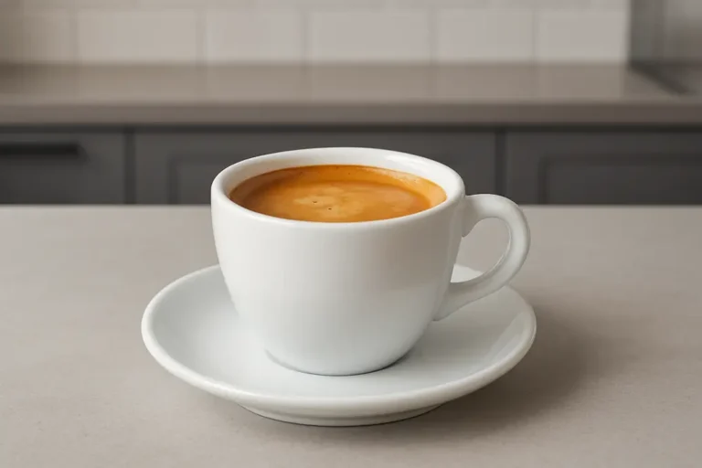 A clean, professionally shot white coffee cup with a smooth crema layer, positioned centrally and photographed at a 45-degree angle in a modern kitchen setting with soft, even lighting.