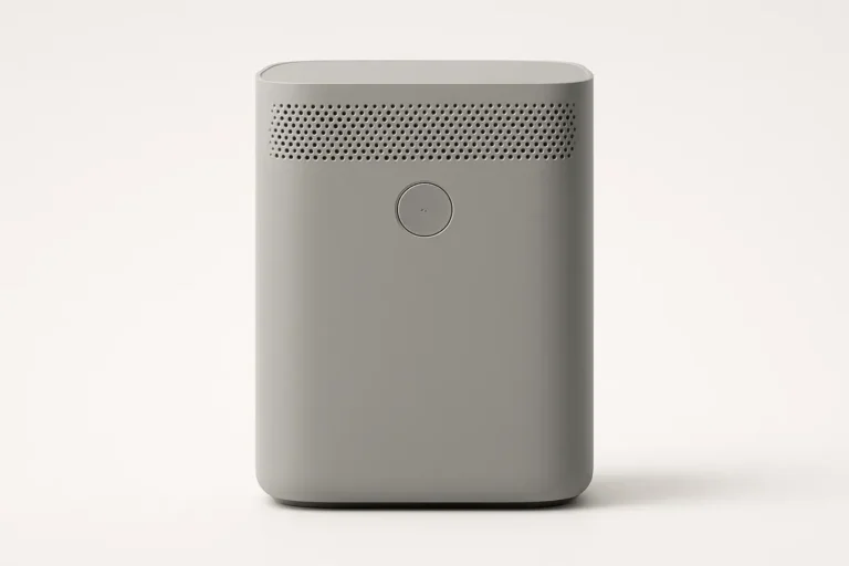 Professional product photo of a single grey air purifier centered on a white background with soft even lighting and the entire product clearly visible