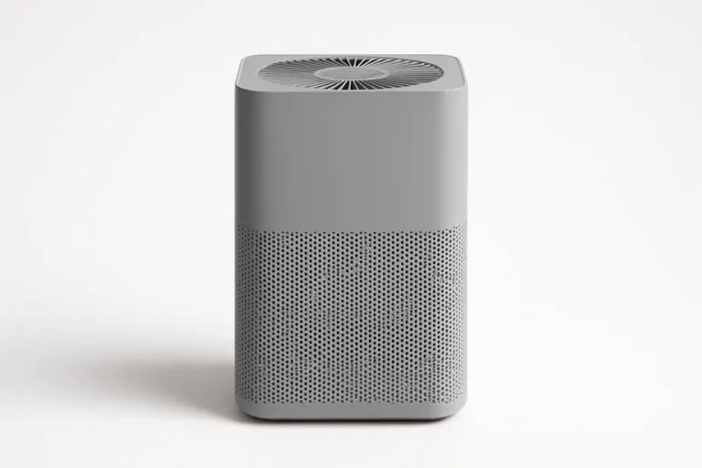 Professional product photo of a single gray air purifier centered on a white background with smooth and even lighting