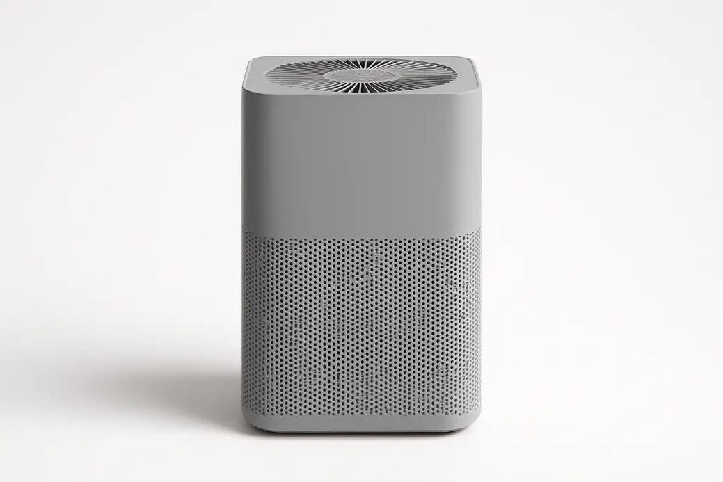 Professional product photo of a single gray air purifier centered on a white background with smooth and even lighting