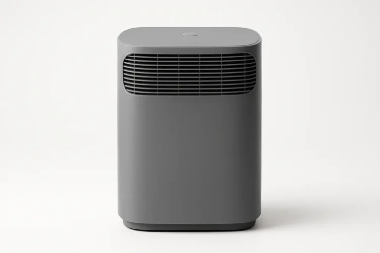 Professional product photo of a grey air purifier centered on a white background, shown fully with smooth matte plastic texture and soft even lighting