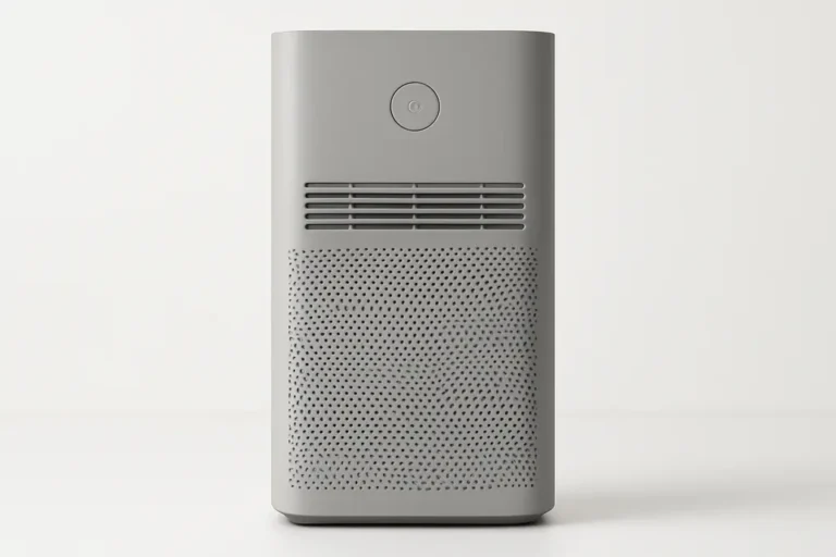 Professional product photo of a single grey air purifier centered on a white background, fully visible with soft, even lighting and no shadows