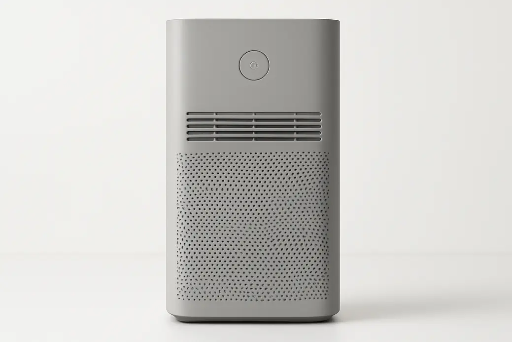 Professional product photo of a single grey air purifier centered on a white background, fully visible with soft, even lighting and no shadows