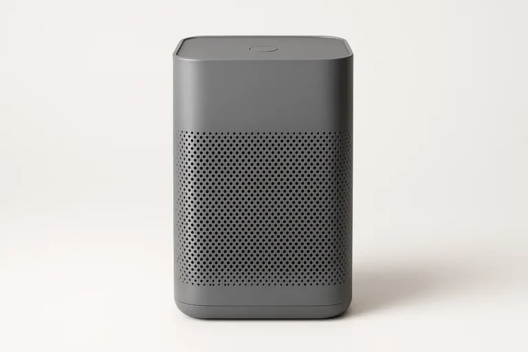 A professional product photo of a single gray air purifier placed centrally on a white background with soft, even lighting and no visible branding or text.