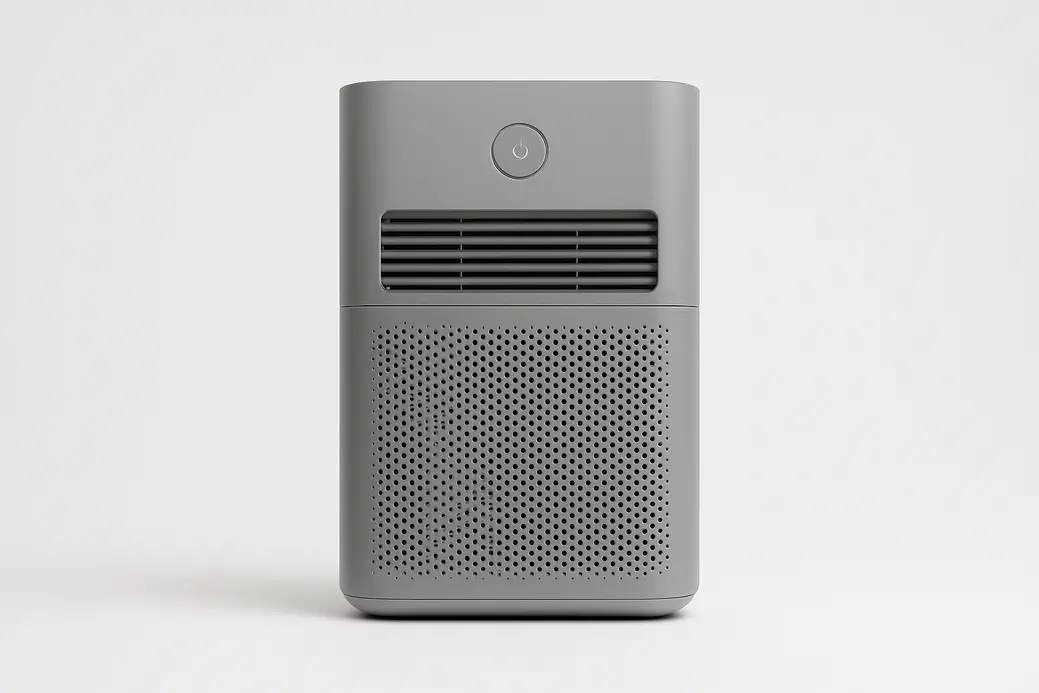 Clean product photo of a grey air purifier centered on a white background with soft even lighting, showing the entire device clearly without any branding or text.