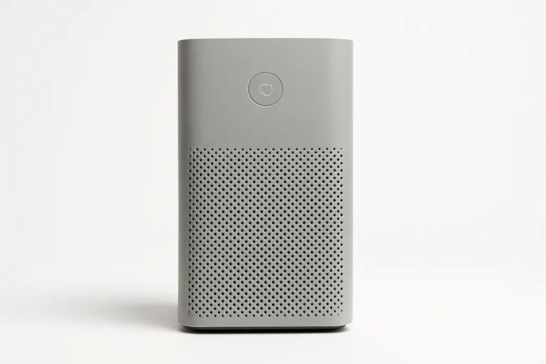 Professionele productfoto van een volledig zichtbare grijze luchtreiniger, centraal geplaatst tegen een witte achtergrond met zachte, gelijkmatige belichting.