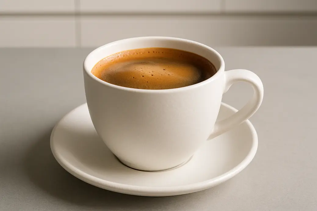 Professional clean photo of a single white coffee cup filled with coffee and a smooth crema layer, taken at a 45 degree angle with a soft, even light and a neutral modern kitchen background.