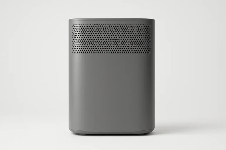 Professional clean product photo of a single gray air purifier fully visible on a white background with soft and even lighting, without text or logos.