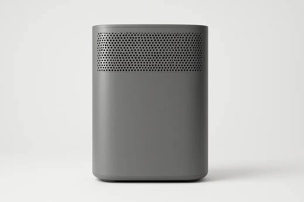 Professional clean product photo of a single gray air purifier fully visible on a white background with soft and even lighting, without text or logos.