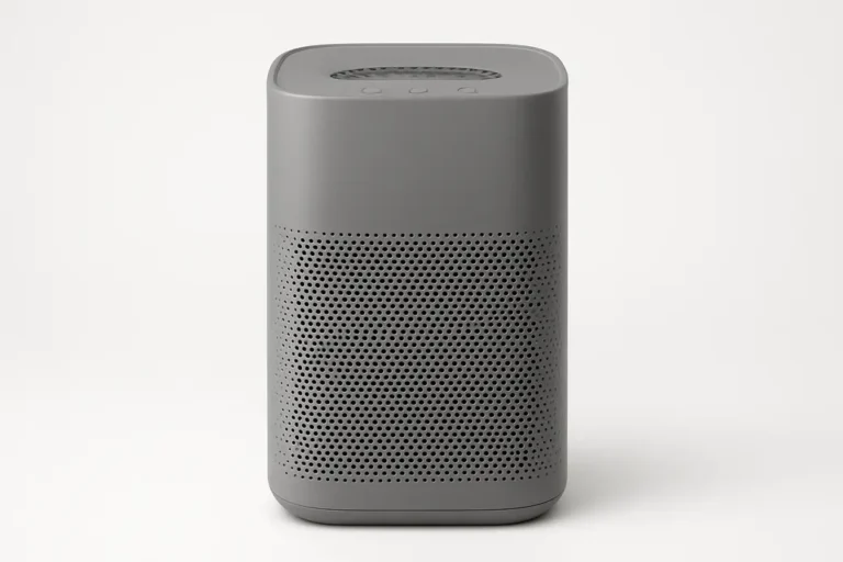 A professional product photo of a gray air purifier centered on a seamless white background with soft even lighting, showing the entire purifier clearly without any text or logos.