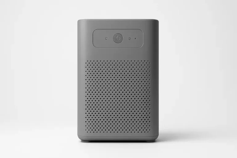 A professional clean product photograph of a single grey air purifier fully visible and centered against a plain white background with soft even lighting.