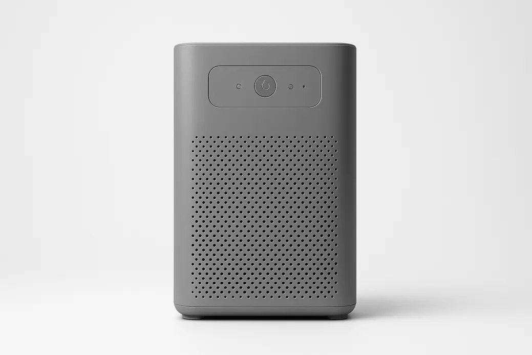 A professional clean product photograph of a single grey air purifier fully visible and centered against a plain white background with soft even lighting.