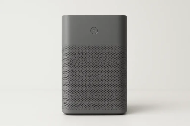 Professional product photo of a single gray air purifier, centrally placed on a white background with soft, even lighting and no shadows, showing the device fully visible and clean.
