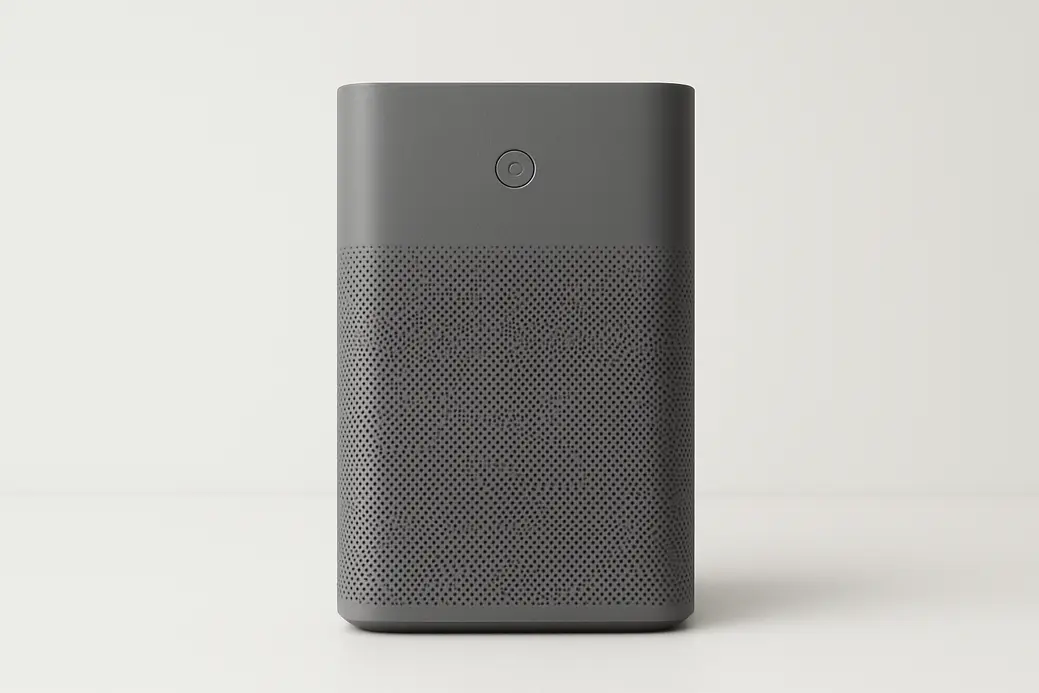 Professional product photo of a single gray air purifier, centrally placed on a white background with soft, even lighting and no shadows, showing the device fully visible and clean.