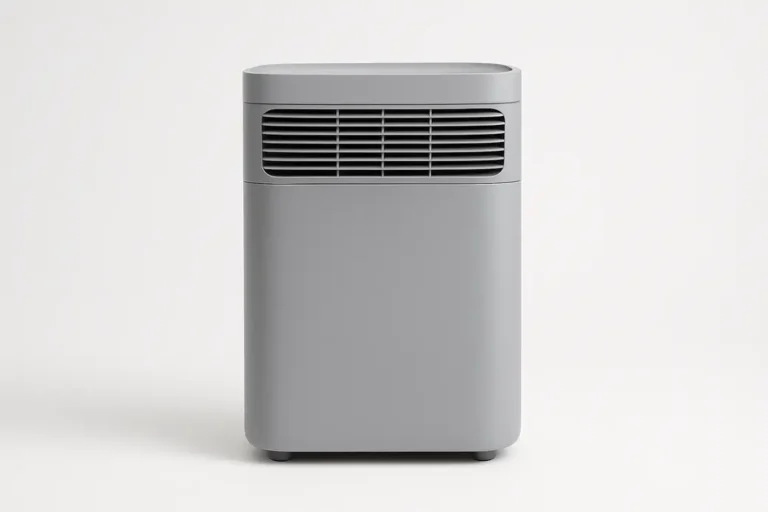 A clear, centrally placed gray air purifier on a seamless white background with soft, even lighting and no shadows