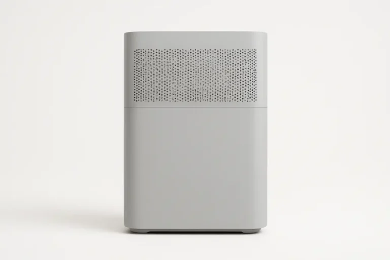 Clean product photo of a single gray air purifier centered on a white background with soft even lighting and no shadows