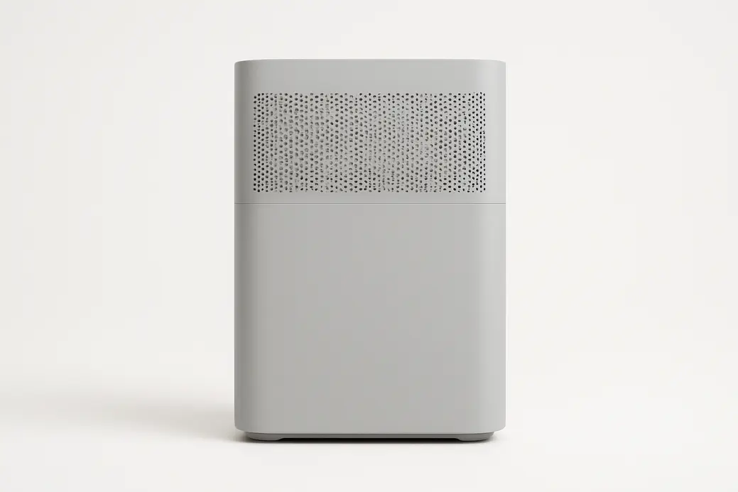 Clean product photo of a single gray air purifier centered on a white background with soft even lighting and no shadows