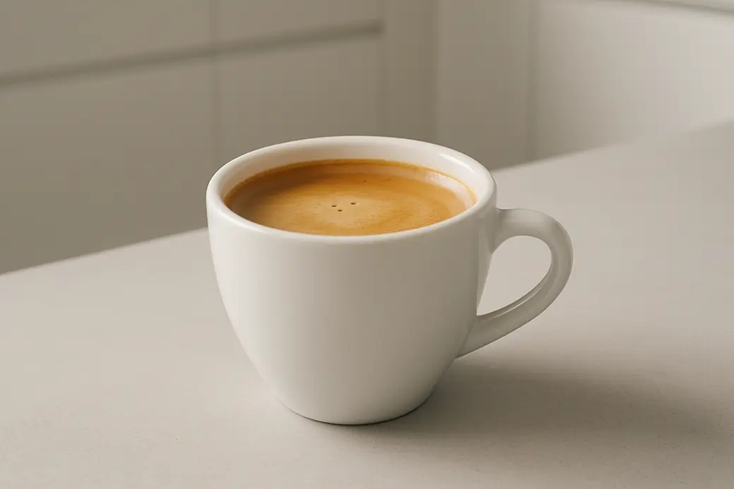 A white coffee cup photographed at a 45-degree angle showing coffee with a smooth crema layer in a modern kitchen with soft, even lighting.