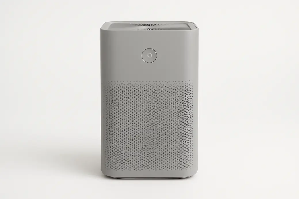 Professional product photo of a single gray air purifier centered on a clean white background with soft and even lighting