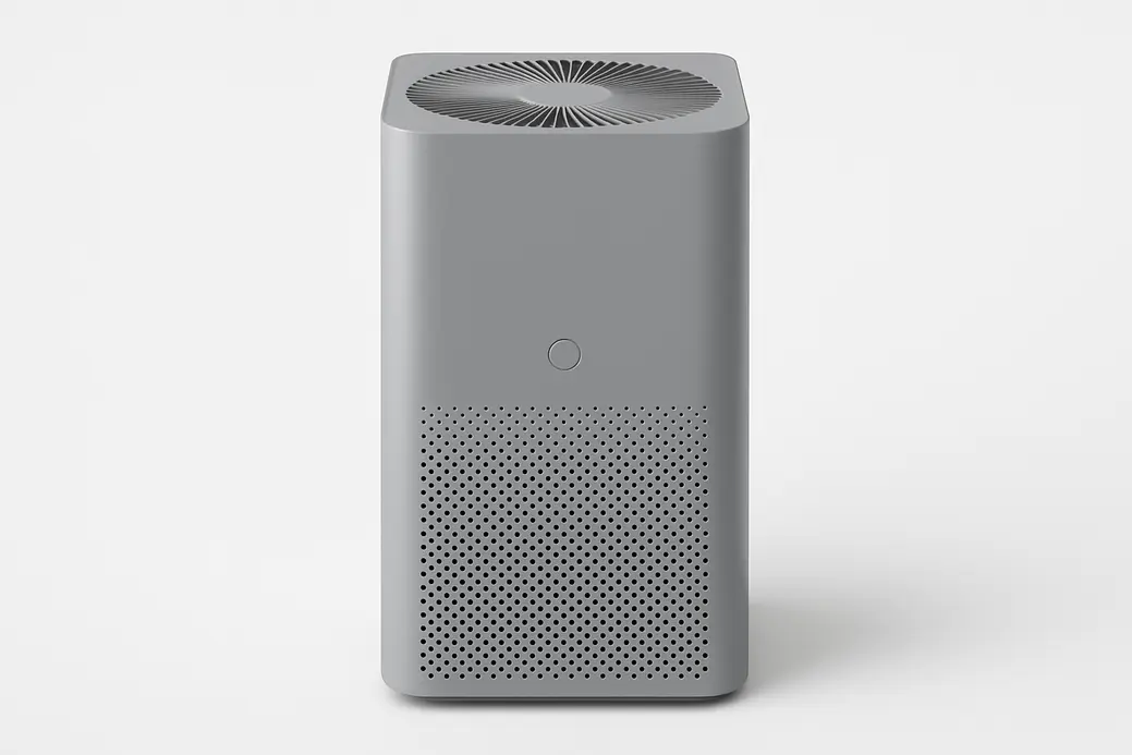 Professional clean product photo of a gray air purifier centered on a white background, fully visible with soft and even lighting
