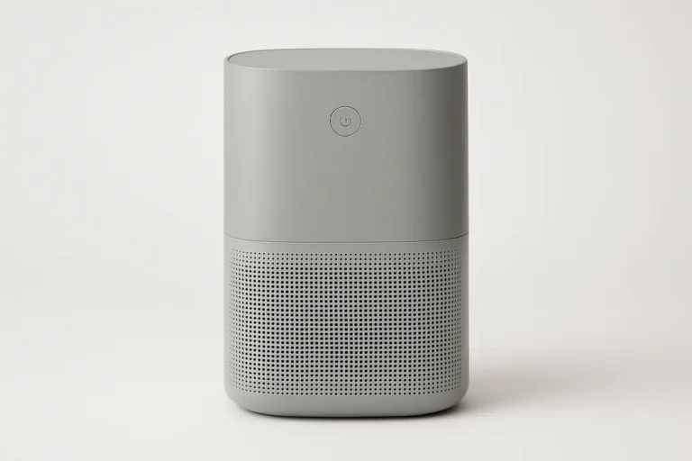 Professional clean product photo of a single gray air purifier centered against a white background with soft, even lighting and no shadows.