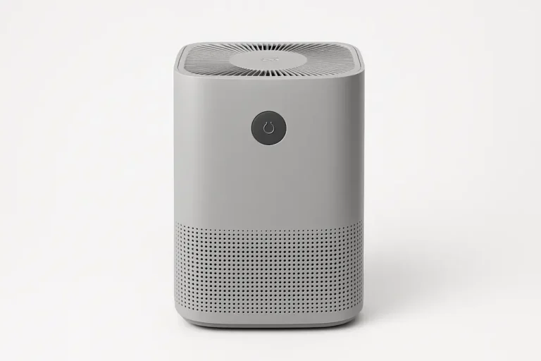 A professional product photo of a single gray air purifier, fully visible and centered on a white background with soft even lighting.