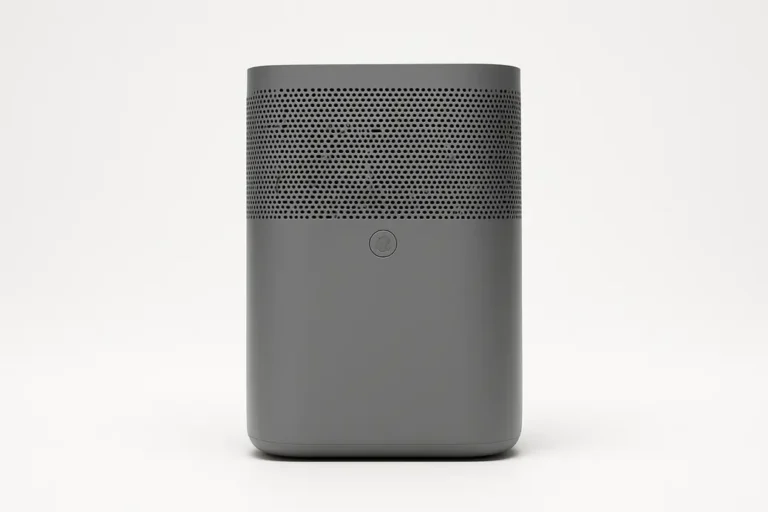 A clean, professional product photo of a centered grey air purifier on a white background with soft, even lighting and no text or branding.