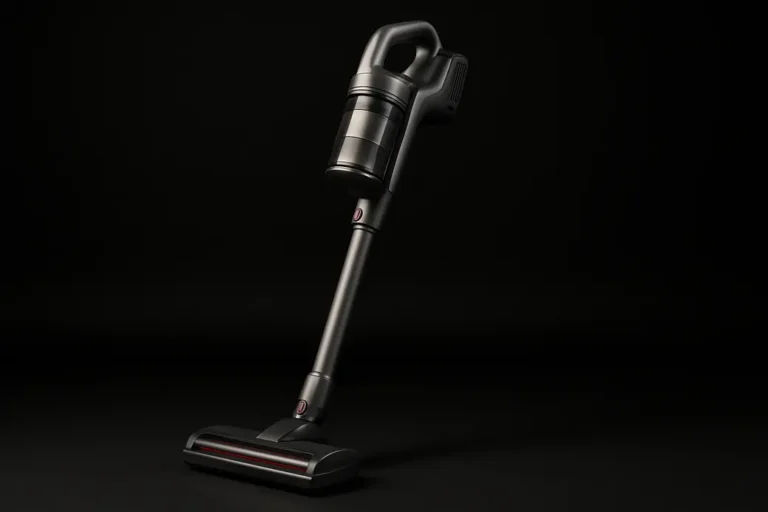 Clean and complete cordless vacuum cleaner centered against a black background with soft, even lighting highlighting the product's sleek design and realistic surface textures.