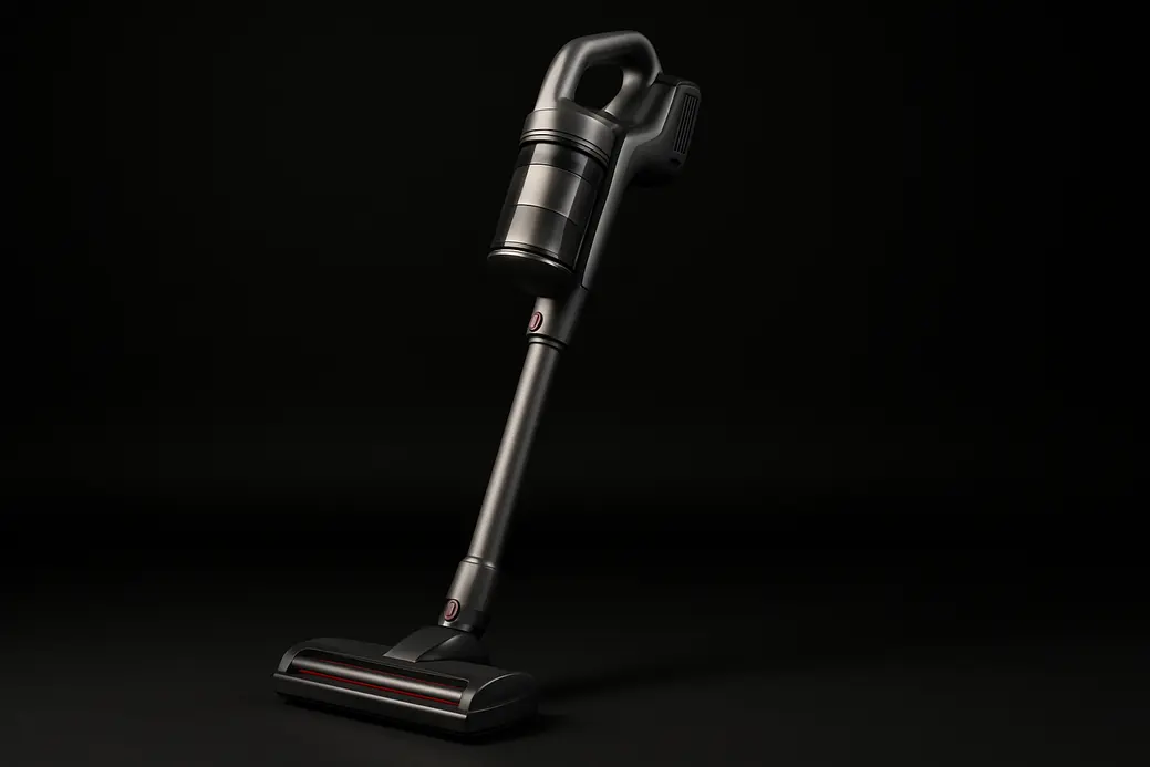 Clean and complete cordless vacuum cleaner centered against a black background with soft, even lighting highlighting the product's sleek design and realistic surface textures.