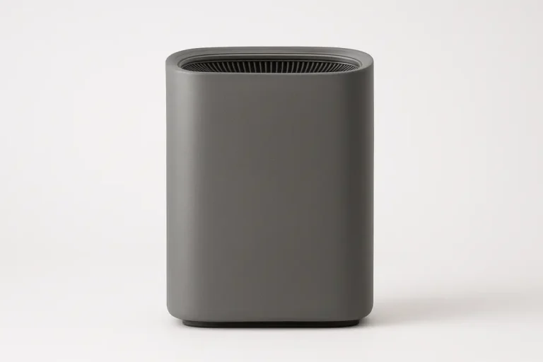A single grey air purifier centered on a white background with even soft lighting, showcasing a clean and polished look with no text or logos visible.