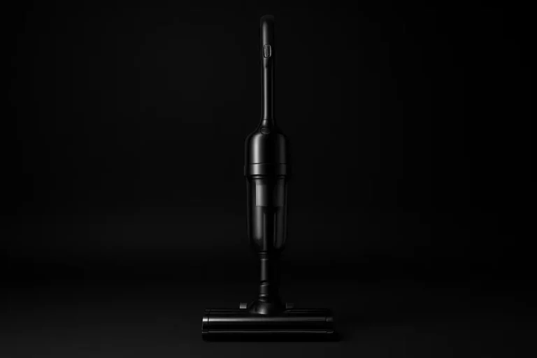 High-quality product photo of a complete wireless vacuum cleaner with sleek black design, placed centrally on a black background with soft spotlight, showcasing detailed textures and features in a clean studio environment