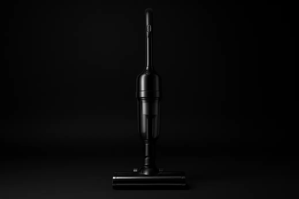 High-quality product photo of a complete wireless vacuum cleaner with sleek black design, placed centrally on a black background with soft spotlight, showcasing detailed textures and features in a clean studio environment