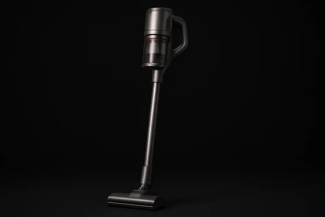 Photo of a single wireless vacuum cleaner centered on a black background with soft, even spotlighting showing the entire product in a sleek and clean commercial style.