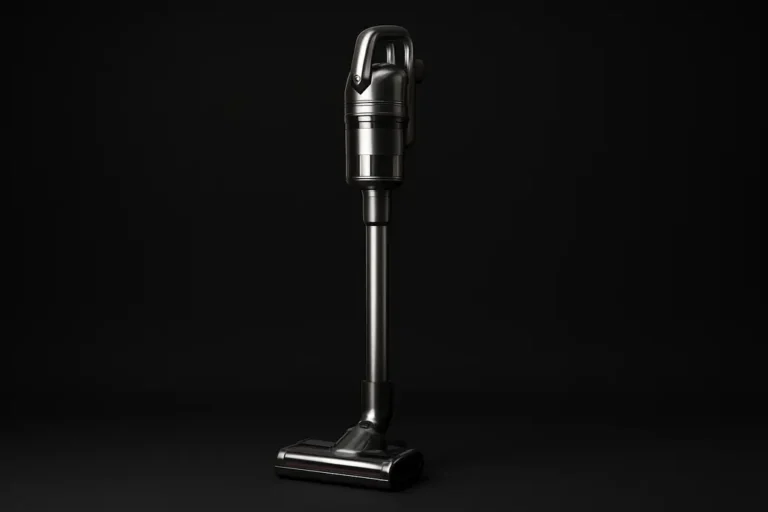 High-quality photo of a sleek, complete cordless vacuum cleaner centered on a black background with soft studio lighting and a clean, neutral appearance.