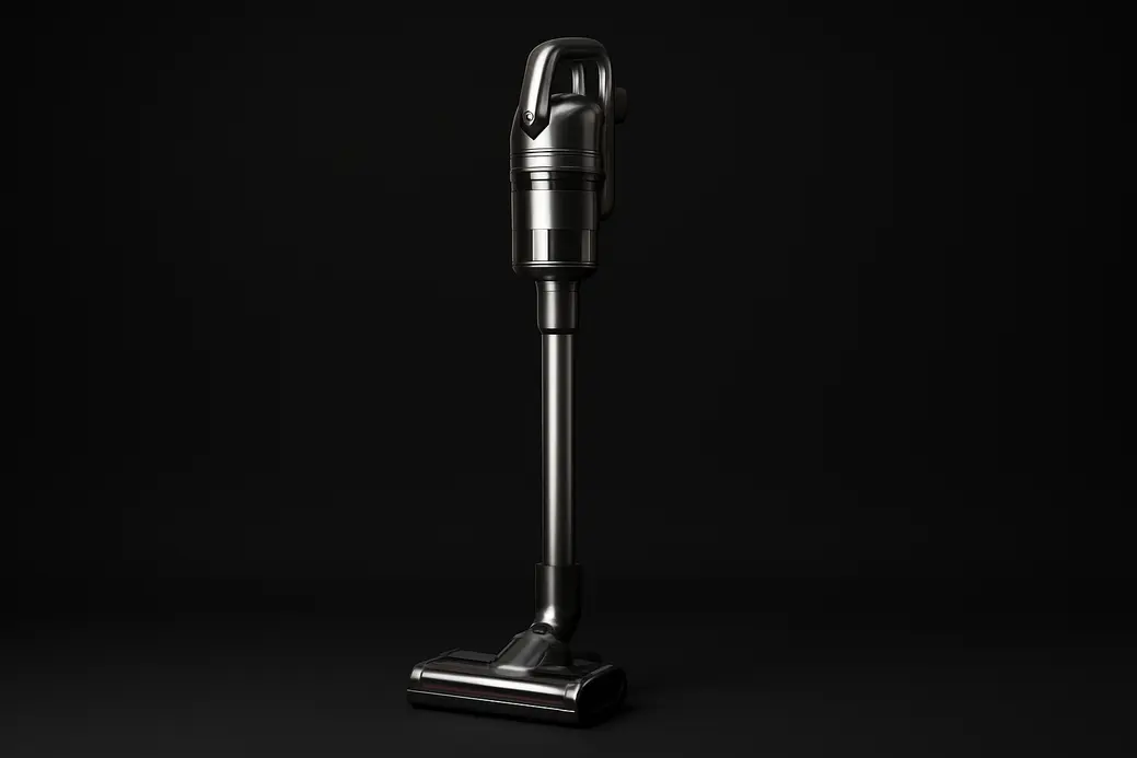 High-quality photo of a sleek, complete cordless vacuum cleaner centered on a black background with soft studio lighting and a clean, neutral appearance.