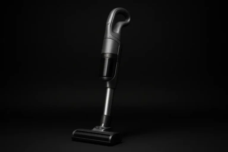 Photograph of a sleek, realistic, complete wireless vacuum cleaner centered against a black background with soft, even spotlight highlighting its clean and pristine surfaces.