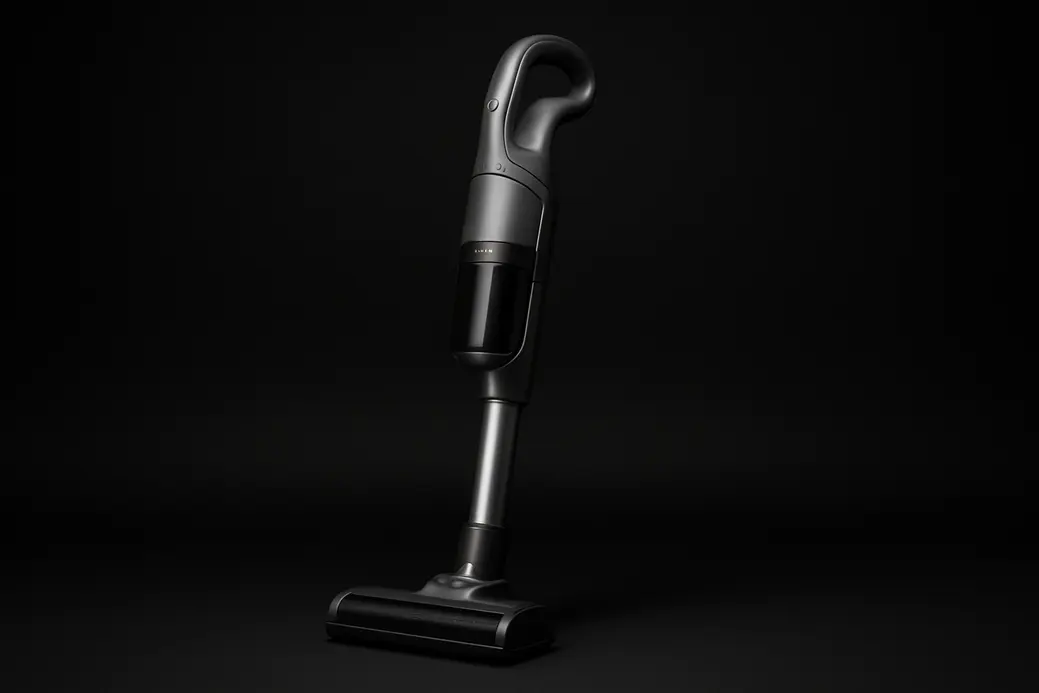 Photograph of a sleek, realistic, complete wireless vacuum cleaner centered against a black background with soft, even spotlight highlighting its clean and pristine surfaces.