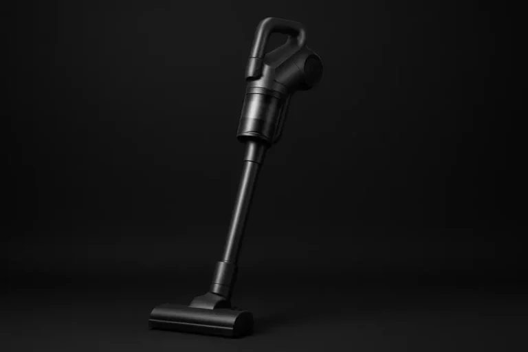 A high-quality, professional product photo of a complete wireless vacuum cleaner centered against a black background with even spotlight lighting, showing the entire device clearly and cleanly without any dirt or damage.