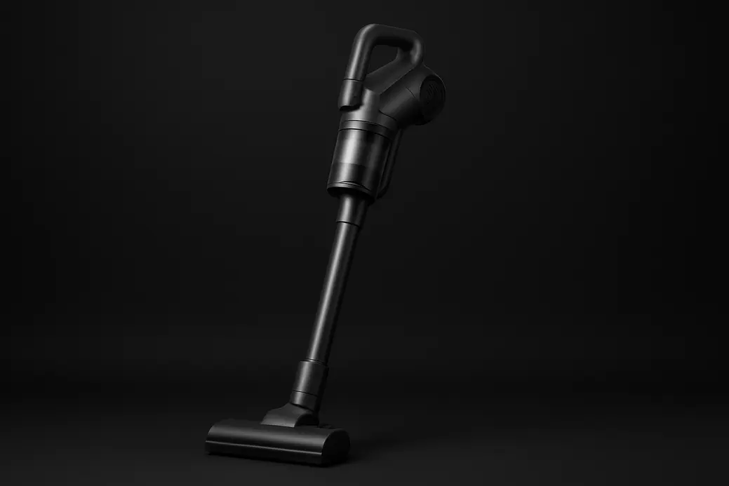 A high-quality, professional product photo of a complete wireless vacuum cleaner centered against a black background with even spotlight lighting, showing the entire device clearly and cleanly without any dirt or damage.