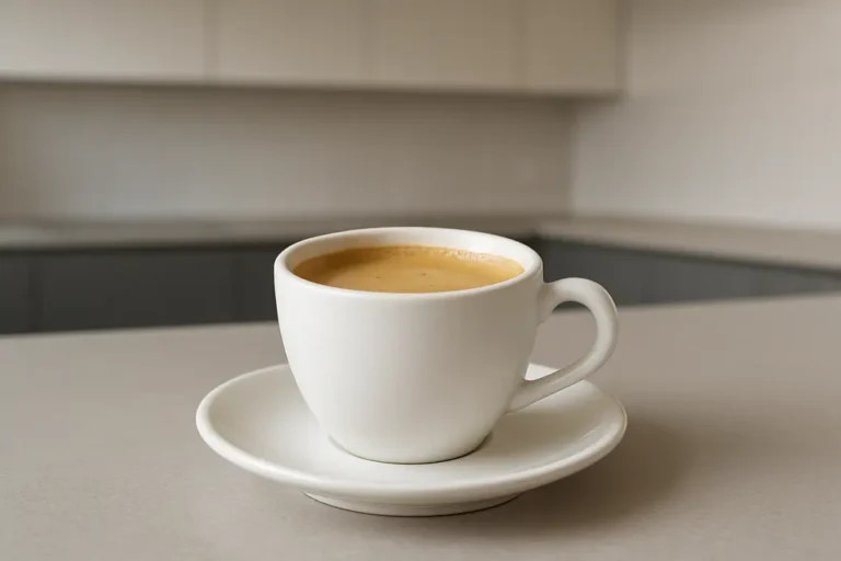 A clean white coffee cup with a visible crema layer photographed at a 45 degree angle, placed centrally against a modern, neutral kitchen background with soft and even lighting