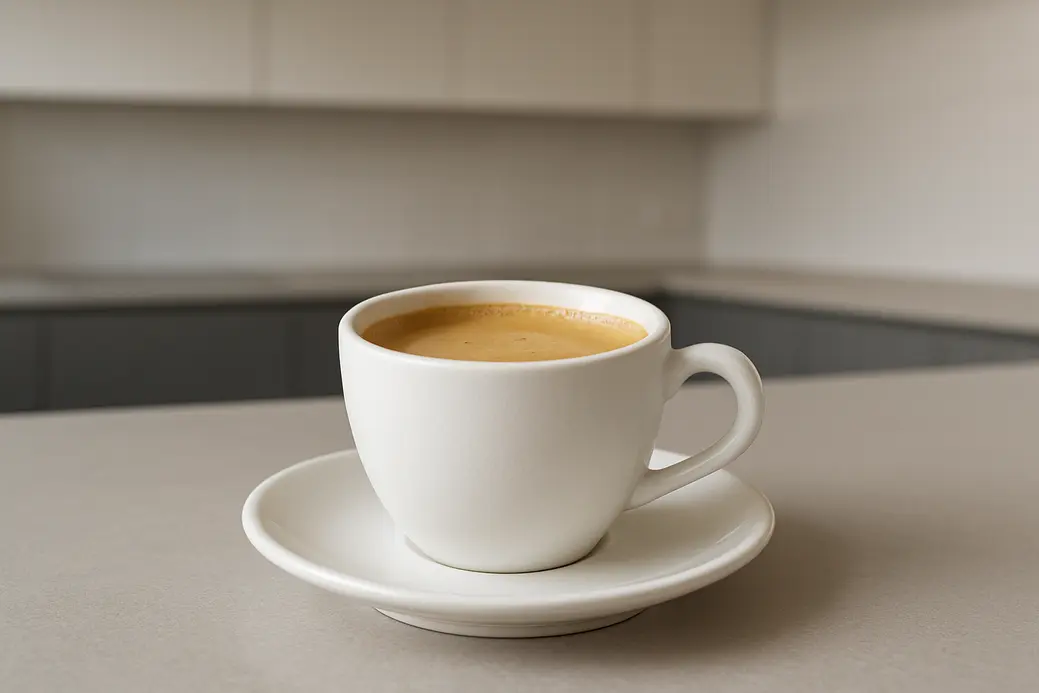 A clean white coffee cup with a visible crema layer photographed at a 45 degree angle, placed centrally against a modern, neutral kitchen background with soft and even lighting