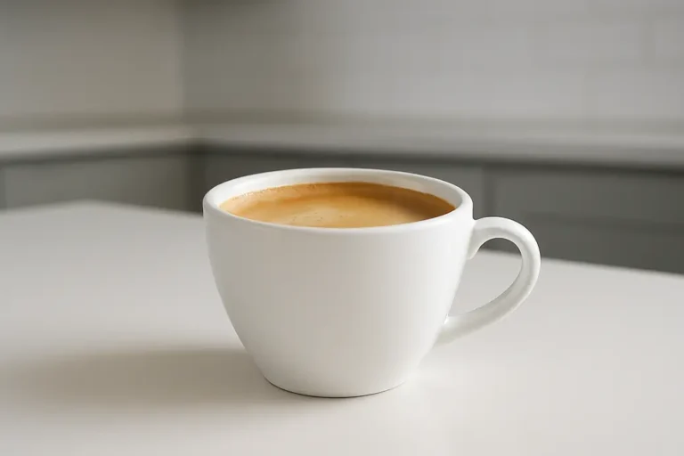 A white coffee cup with a smooth crema layer, placed centrally on a clean surface, photographed at a 45-degree angle with a modern kitchen background and soft even lighting